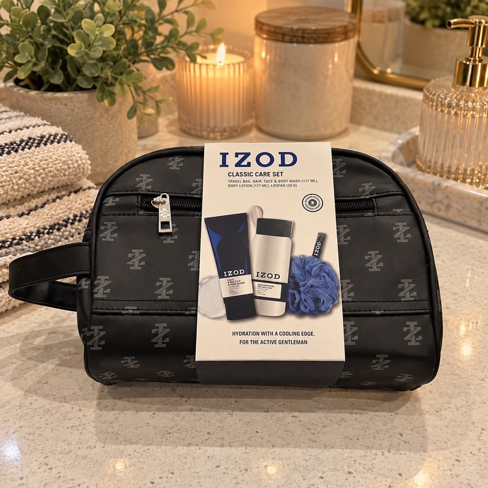 IZOD Classic Care Set Men Travel Bag 3-in-1 Body Wash Lotion Loofah Grooming Kit